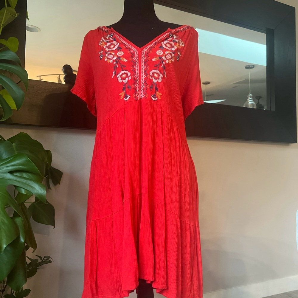 Knox Rose Red Boho Floral Embroidered Dress